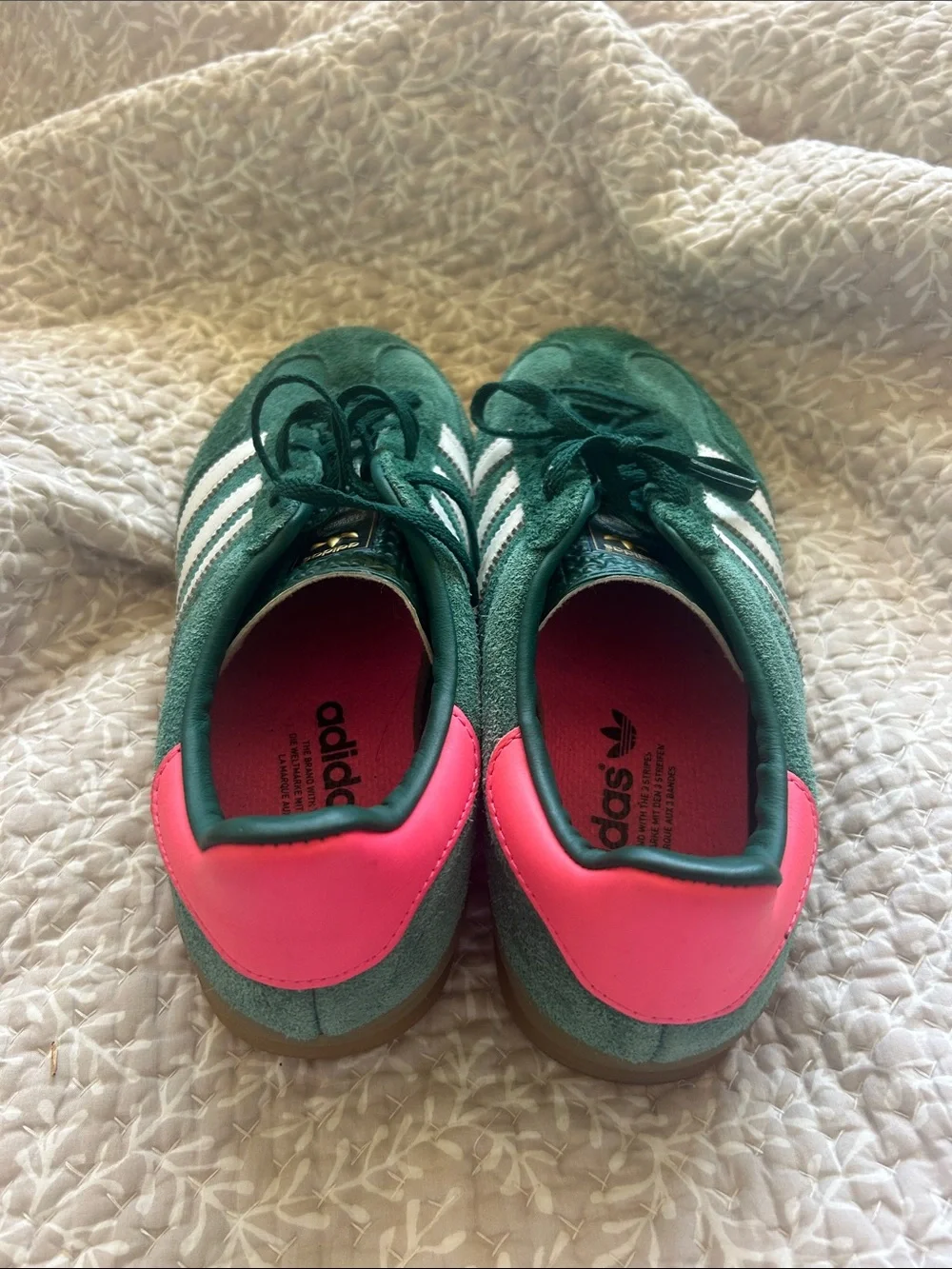 adidas Green Gazelle Suede Sneakers with White Stripes and Pink Heel